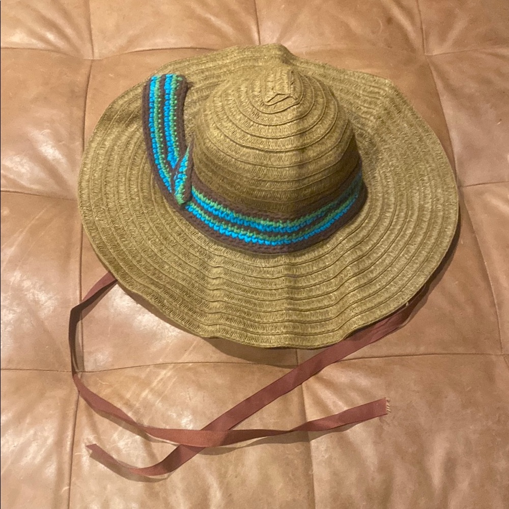 Wide Brim Straw Hat by Collection Eighteen with Blue and Green Accents